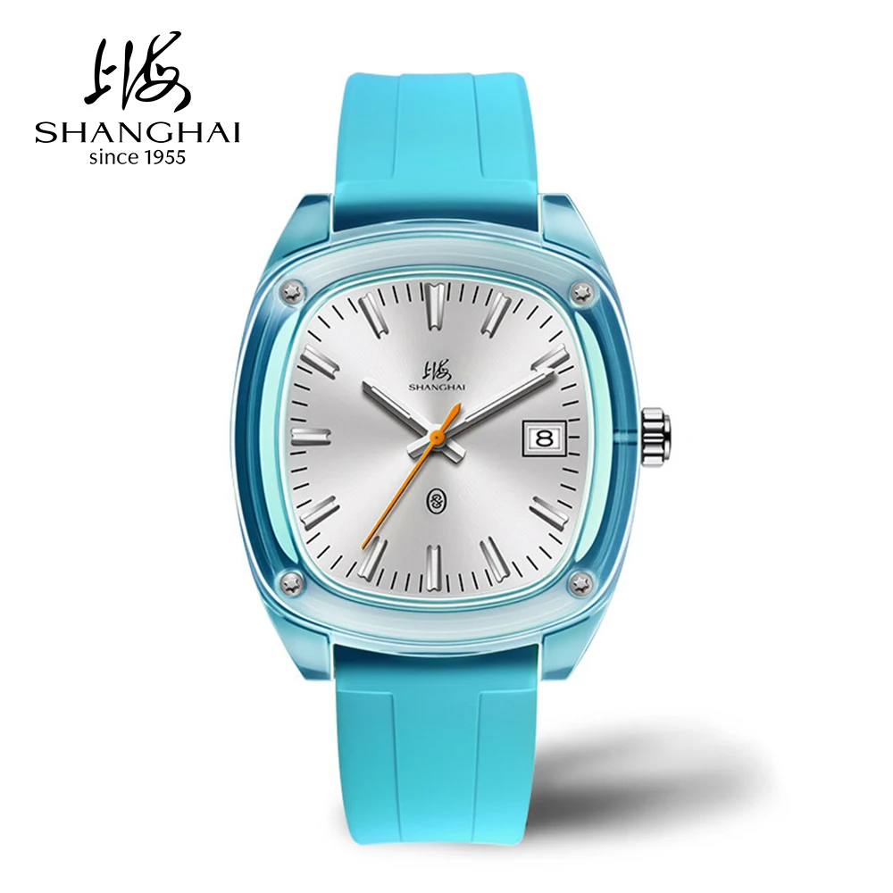 

Мужские кварцевые часы Shanghai Watch 40 мм, квадратные, с календарем, сапфировым стеклом, светящимся циферблатом, повседневные, с силиконовым ремешком, модель SH015