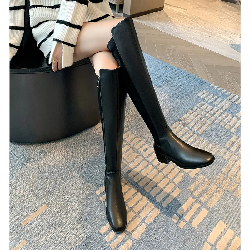 MKKHOU Fashion Knee-High Boots Women New High Quality Real Leather Stitching Low Heel Leather Boots Daily High Boots Winter