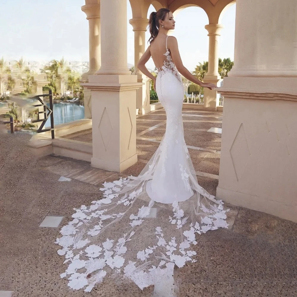 Beach Backless Mermaid Wedding Dresses Elegant V Neck Spaghetti Straps For Women Lace Applique Bridal Gowns Vestidos De Novia