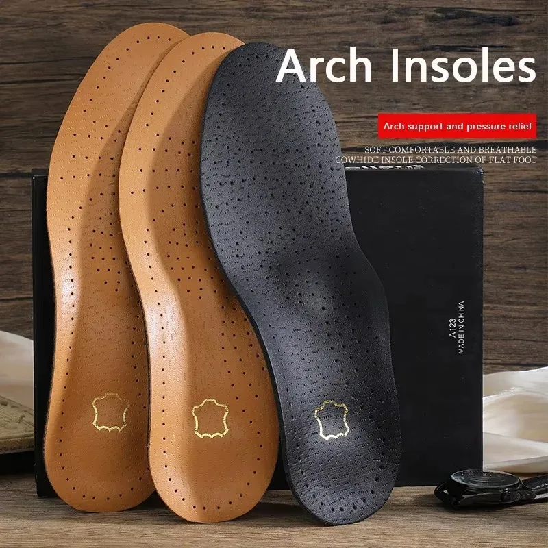 1 par de plantillas ortopédicas de cuero transpirables para pies planos, con soporte de arco, suela de látex que absorbe los golpes, almohadillas suaves y cómodas para zapatos