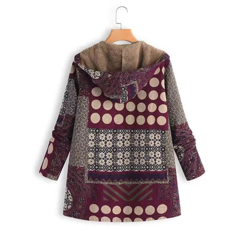 OVERSIZE Winter Vintage Women Coat Warm Printing Thick Fleece Hooded Long Jacket Pocket Outwear Loose Boho Tops Шерстяное Пальто image 4