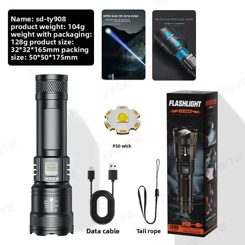 Super Bright Laser Flashlight 4900N USB Rechargeable, Zoomable LED Torch Waterproof for Outdoor Emergency Home