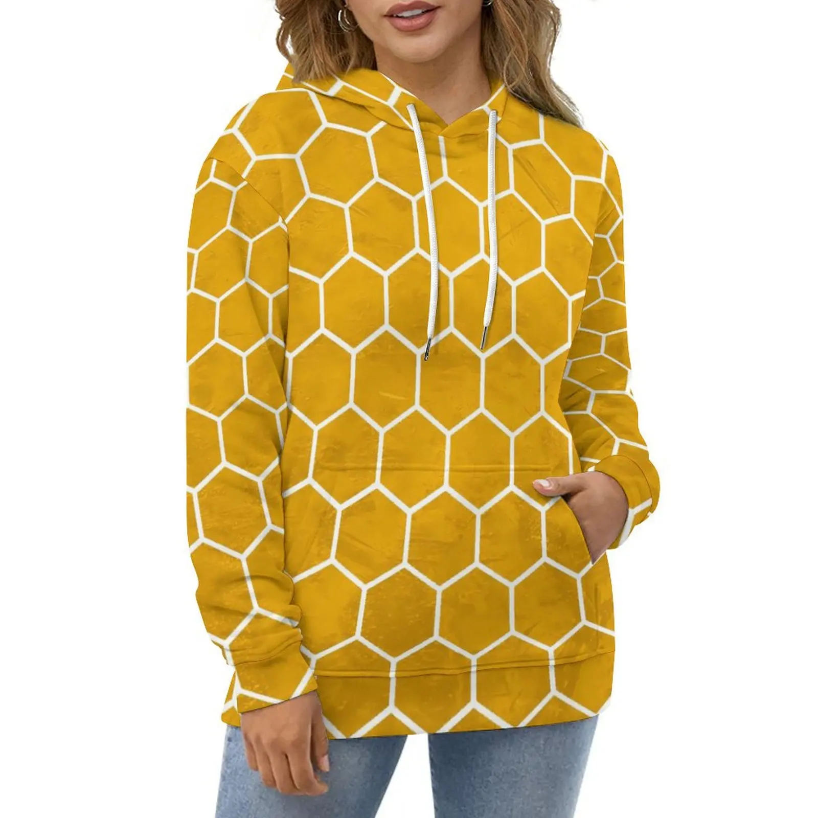 Yellow Hives Casual Hoodies Hexagonal Hexagon Pretty Pattern Loose Hoodie Winter Long Sleeve Harajuku Oversize Top