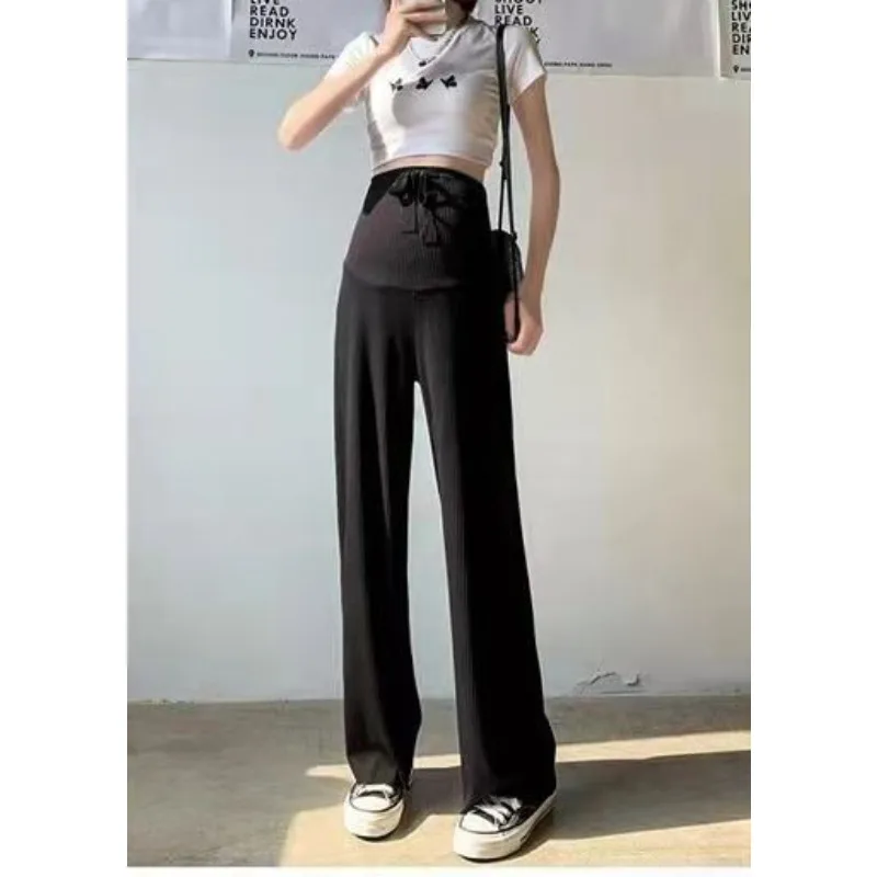 2024 Summer Straight Pants Breathable Ice Silk Thin Trousers Pregnant Women Wear Wide Leg Pants Loose Drape Casual Pants