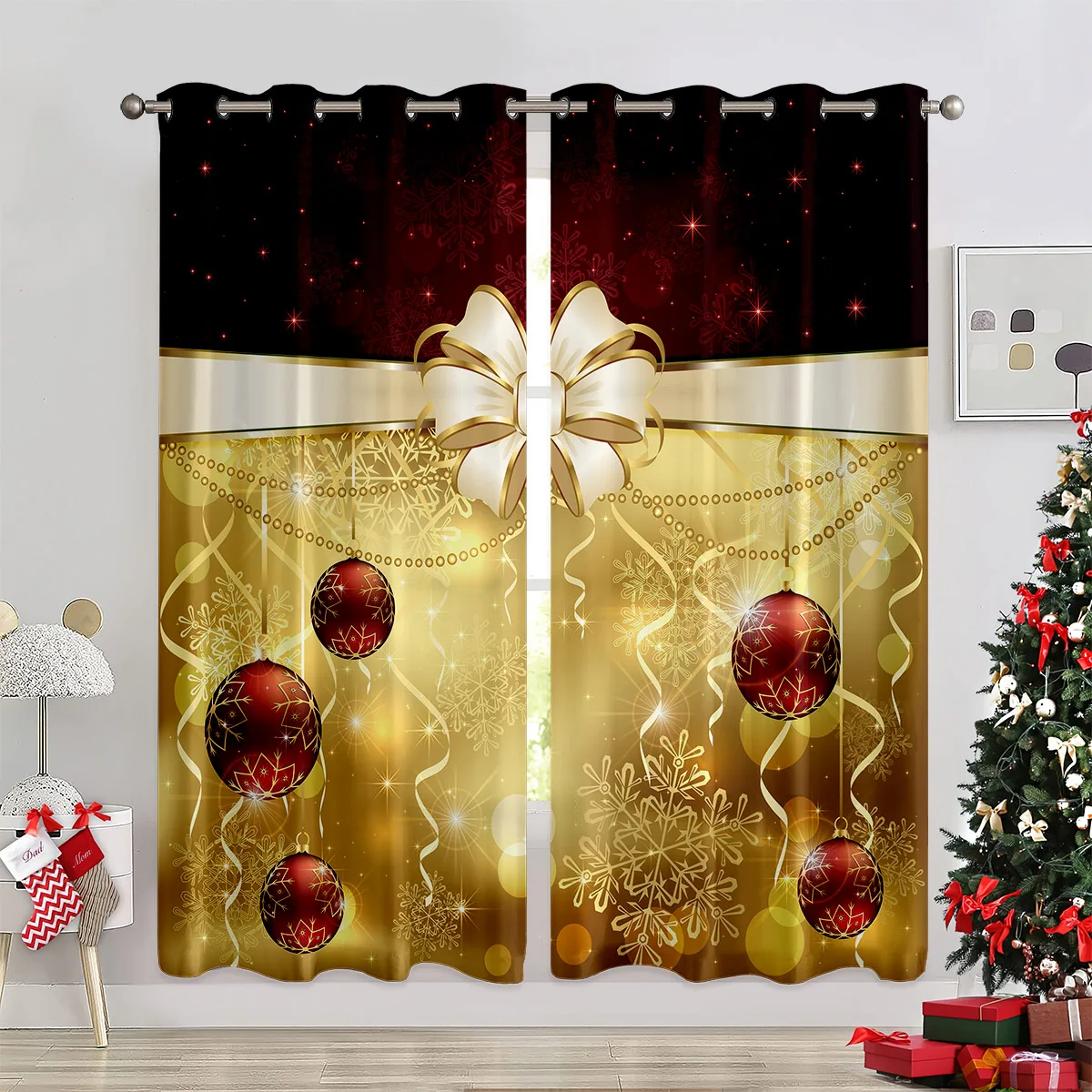 Christmas Decorative Curtains, Curtains Featuring A Bow And Snowflake Print, 100% Polyester, Festive Christmas Decor Curtains.
