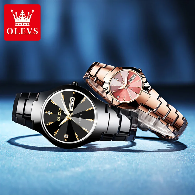 OLEVS Fashion Men Women Watches Couple Items For Lovers Tungsten Steel Quartz Date Clock Waterproof His Hers Watch Reloj