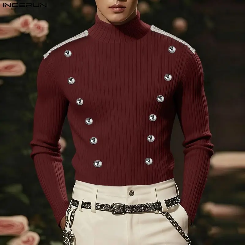 INCERUN Men Sweater Patchwork Turtleneck Long Sleeve Knitted Male Pullovers Button Streetwear Fashion Casual Men Clothing S-3XL