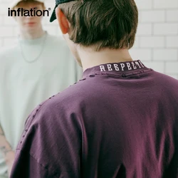 INFLATION Cotton Oversized Mock Neck Half Sleeve T-shirts Unisex Frayed Embroidery Drop Shoulder Tees