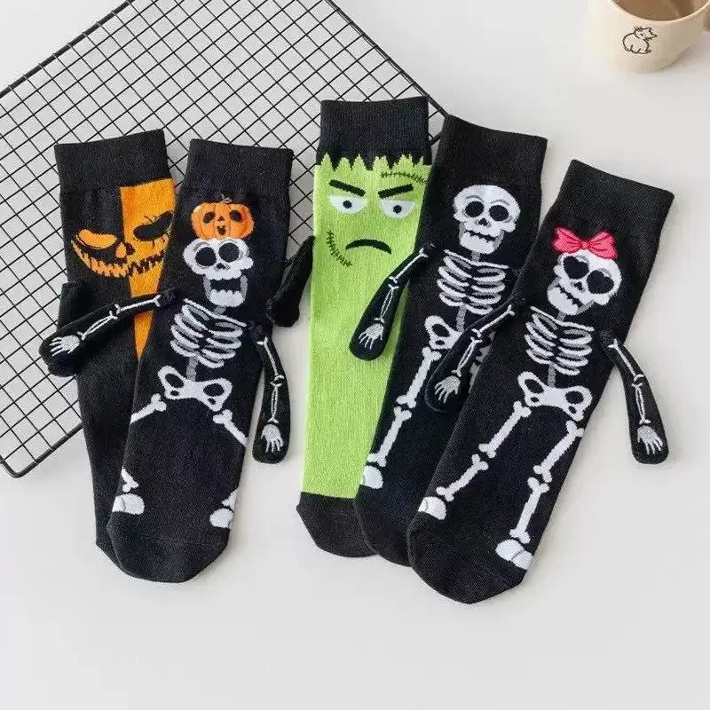 

Halloween Animal Mid-Calf Socks Geometric Men's Funny Skeleton Handholding Socks Women's Trendy Smile Face Men's Women's Socks