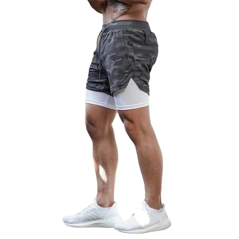 M-5XL Mens 2 IN 1 Streetwear Fitness Shorts White Breathable Jogger Shorts Gyms Bodybuilding Quick Dry Leisure Running Shorts