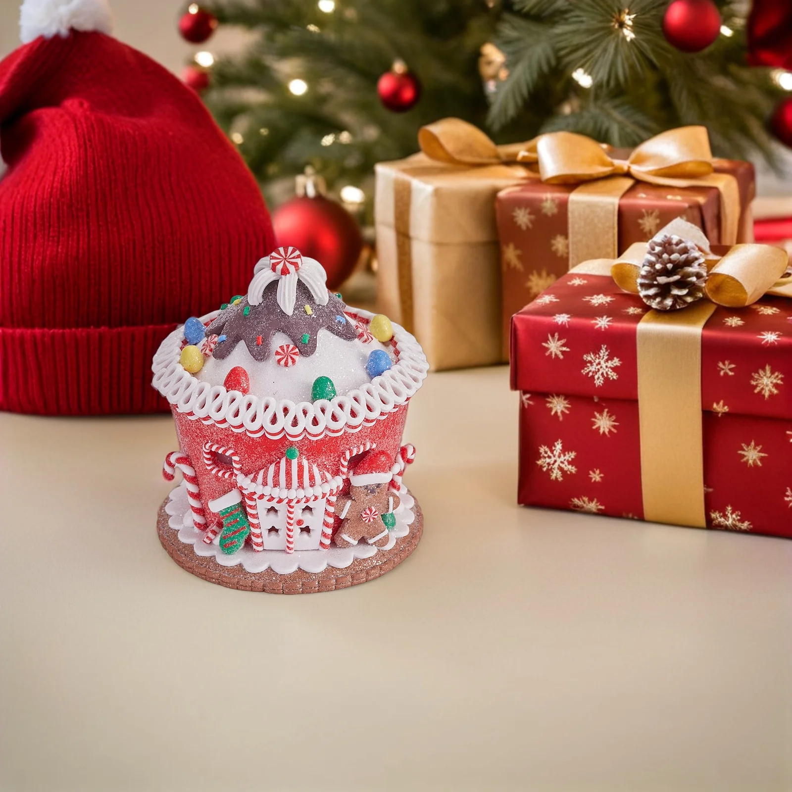 

Lighted Miniature Gingerbread in Pastel Macaron Color - Christmas Village Decoration for Winter Desk Setup