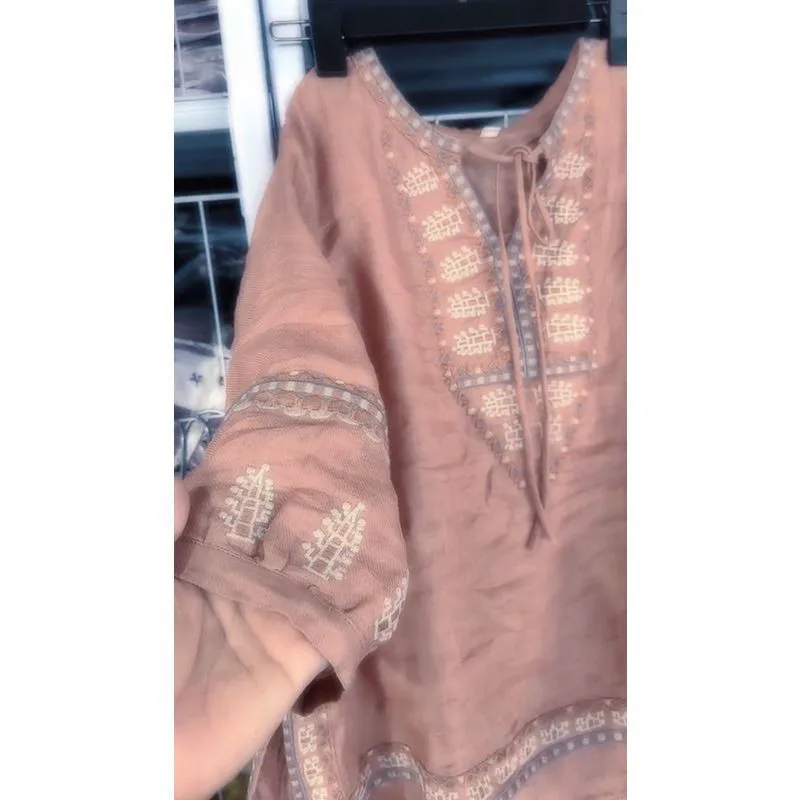 2025 ربيع جديد للمرأة 2 قطعة مجموعة النمط الصيني فضفاض مرونة الخصر واسعة الساقين سراويل تقليدية وبلوزة التطريز الجانبية سبليت #3