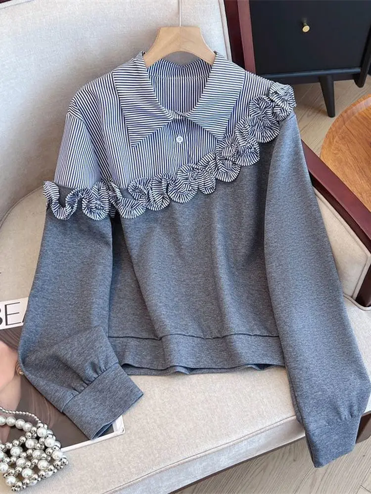 Slimming Striped Shirt Panelled Sweatshirt Women Autumn Winter Large Size Fat MM Design Ear Look Upper Body Korean Style Long...