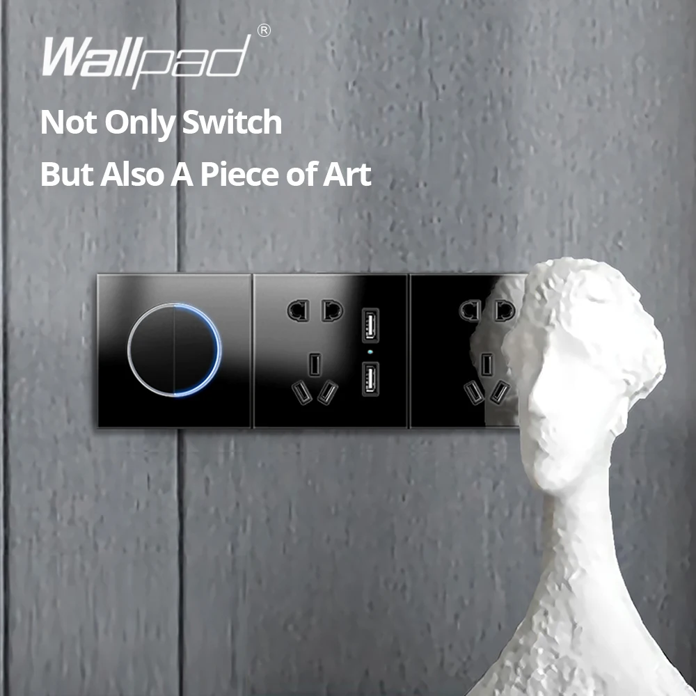 Wallpad Black Glass Panel With Large Circle Blue LED Indicator Wall Light Switch and Socket Round Button Electric Outlet
