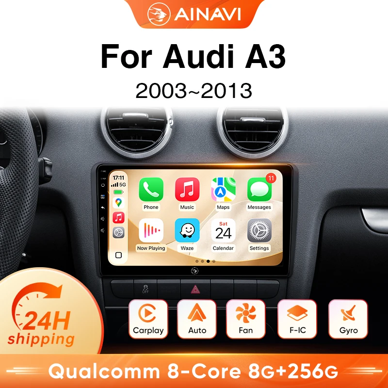Radio para coche AINAVI para Audi A3 8P 2003 2005 2006 2007 2008 2009 2010 2011 2012 2013, reproductor multimedia inalámbrico para coche con Carplay y Android Auto, GPS, HDMI 1280 * 720, BT 5.0, giroscopio, salida HDMI, control por gestos, ventilador de refrigeración integrado, 2 DIN