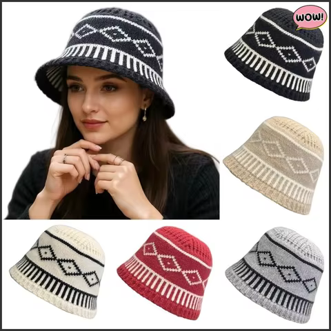 Casual Retro Knitted Hat Warm Big Head Circumference Basin Hat Appearing Small in Size Diamond Grid Pattern Bucket Hat for Women