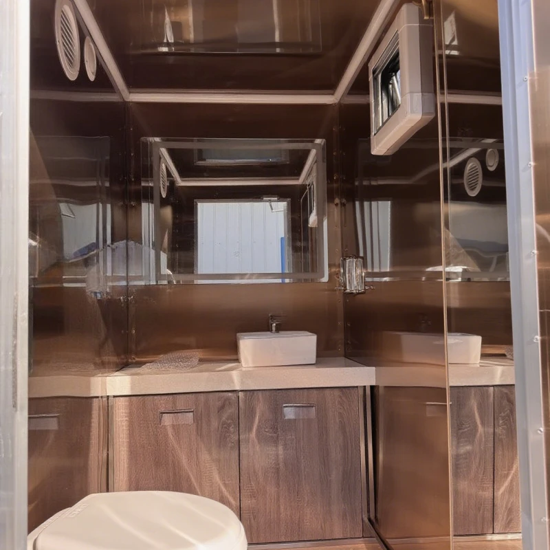 Fabrikant levert 3-stationse mobiele toilettenwagen met diepe wasbakken, waskommen en spiegel. Groothandel in openbare toiletten.