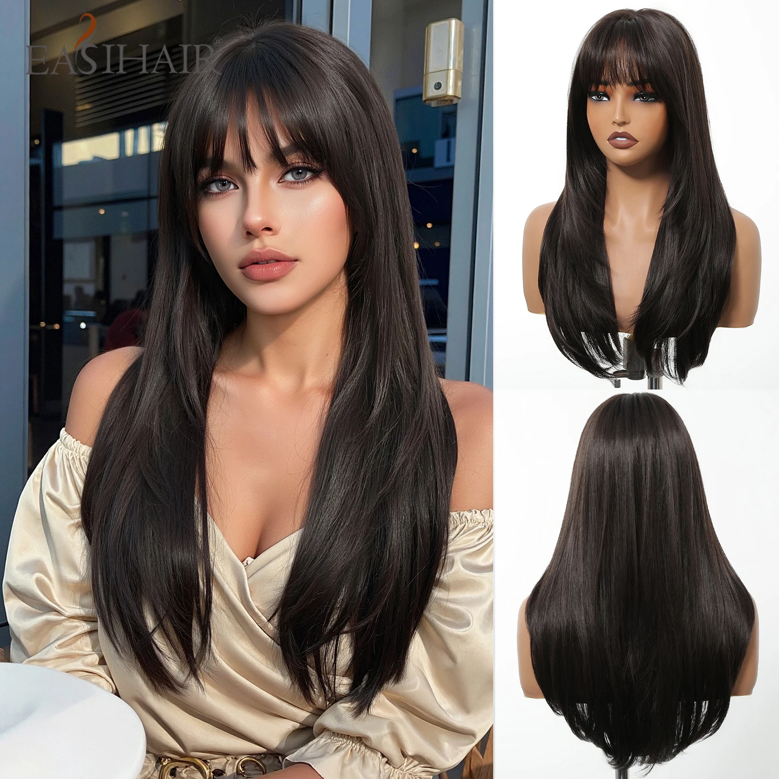 EASIHAIR Long Straight Black-Brown Synthetic Wigs With Bangs for Women Layered Natural Hair 24in Wigs Daily Use Heat Resistant
