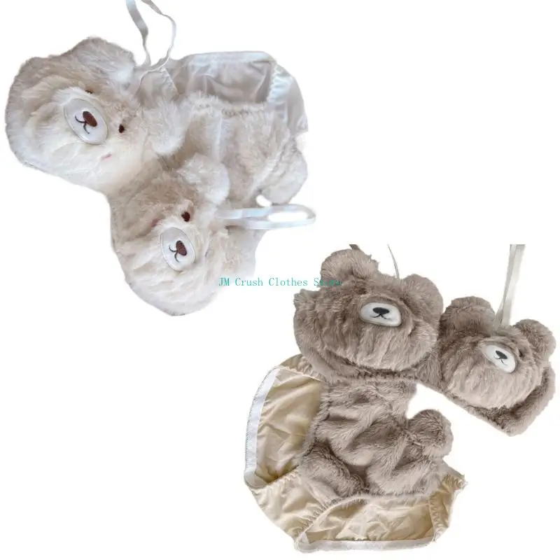

K1ME Women's Anime Bear Plush Bra and Panty Set without Underwire Furry Underwear