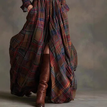 European American Women's Shirt Maxi Dress Autumn Casual Long Sleeve Button Pocket Plaid Print Lapel Retro Long Dress Vestidos 2 European American Women's Shirt Maxi Dress Autumn Casual Long Sleeve Button Pocket Plaid Print Lapel Retro Long Dress Vestidos 2