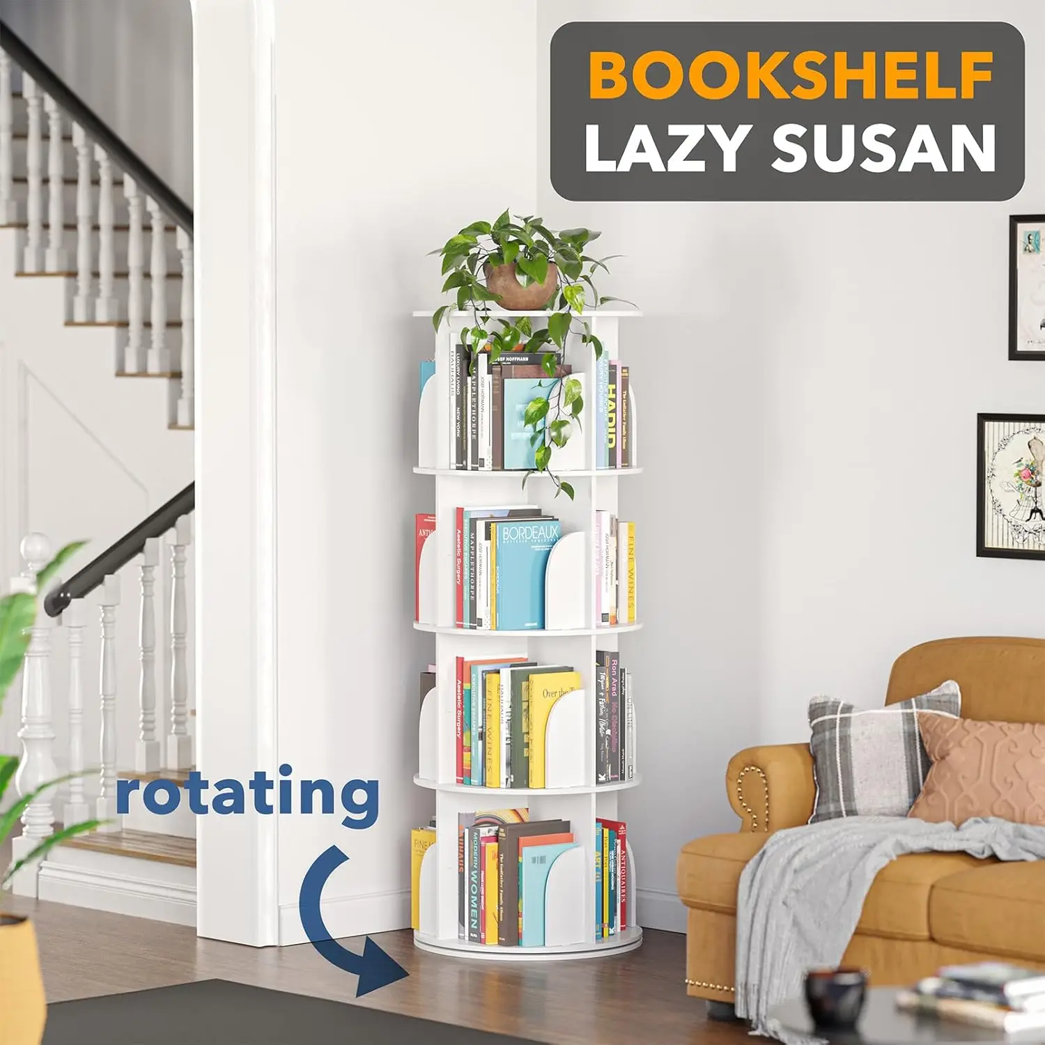 4-Tier Rotating Bookshelf and 5-Tier Spinning Shoe Rack Tower for Space-Saving Home Organization