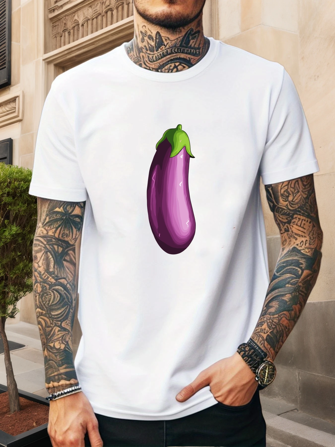 Men Navy Crew Neck Tee Single Vivid Purple Eggplant Cartoon Graphic Fresh Vegetable Vegan Farm Style Soft Cotton Casual Top