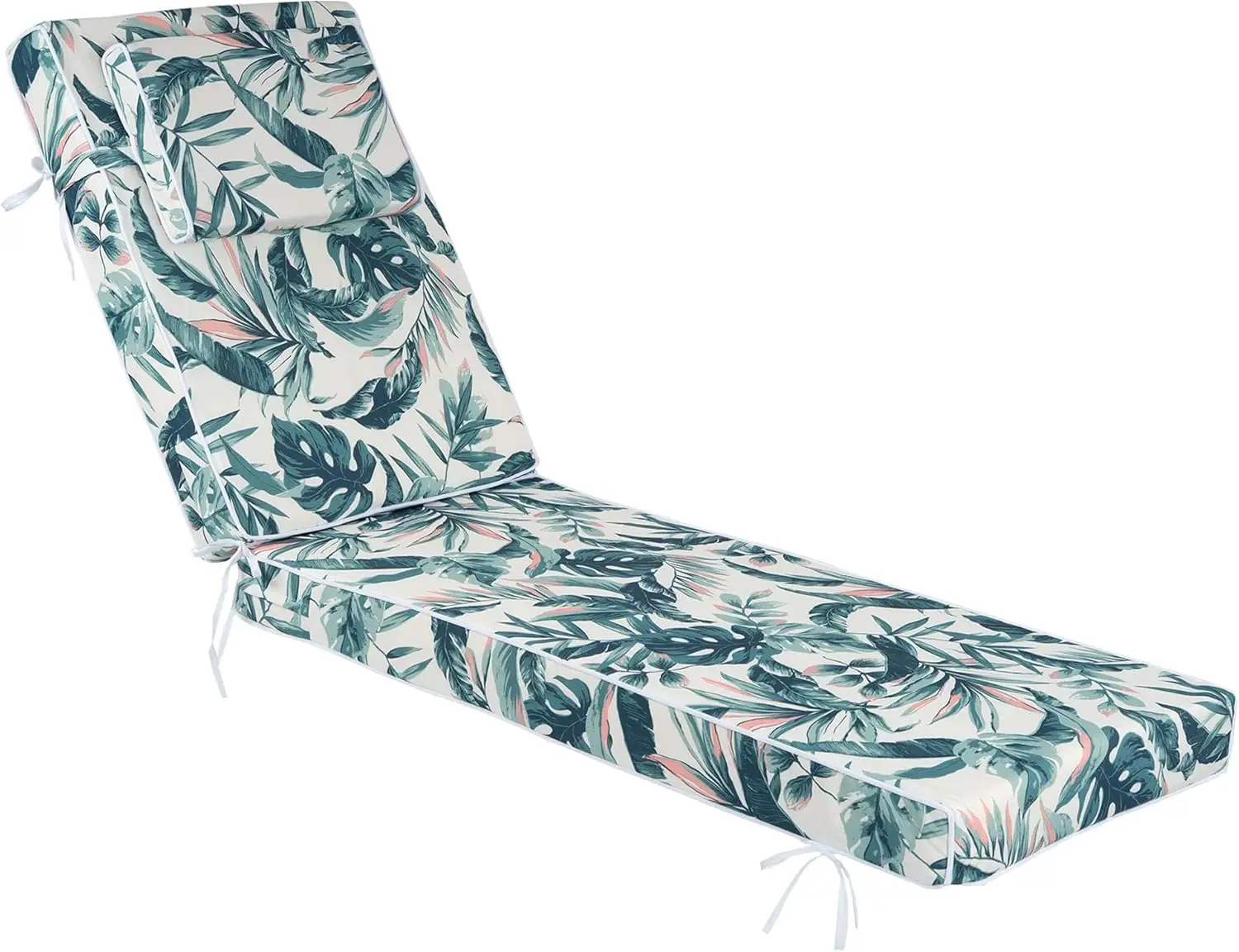 Outdoor Chaise Lounge - 72x21x4 Inch Green Leaf Pattern Cushions with Removable Cover, Fade Resistant for Patio Furniture