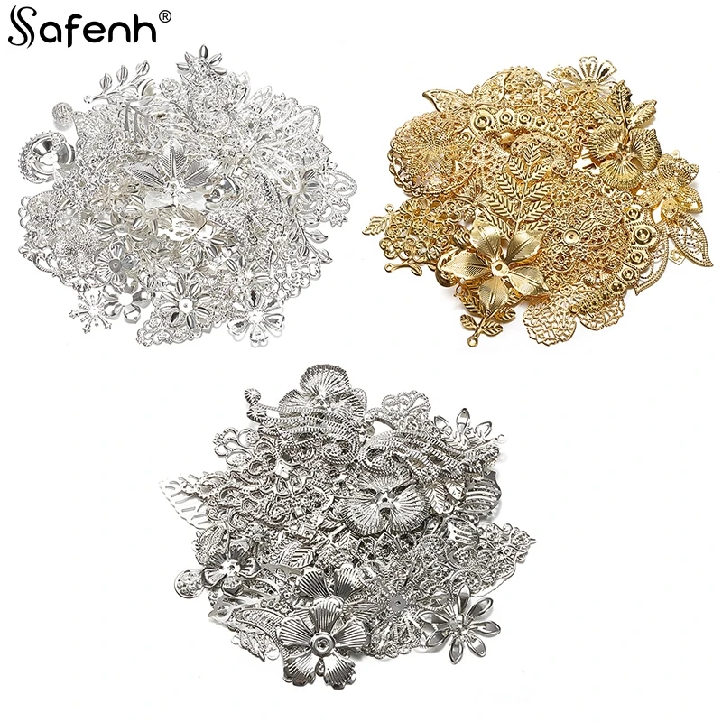 50g/lot Mixed Metal Flower Leaves Filigree Wraps Connectors Pendant Beads Caps Charms for DIY Jewelry Making Craft Supplies