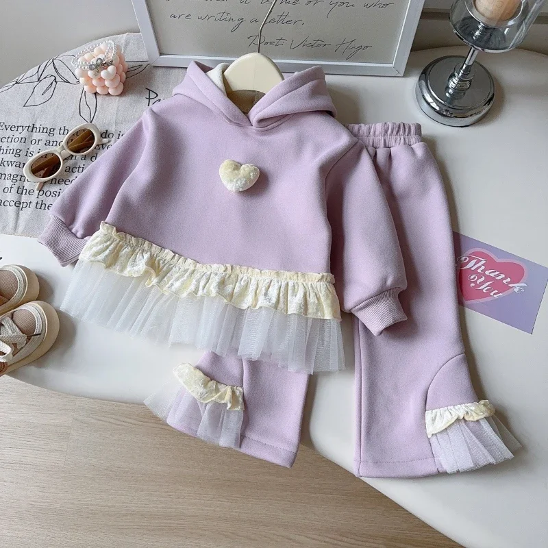 

Бархатный комплект для девочек, новый зимний стиль, модная утолщенная теплая толстовка с капюшоном + леггинсы для девочек, комплект из двух предметов