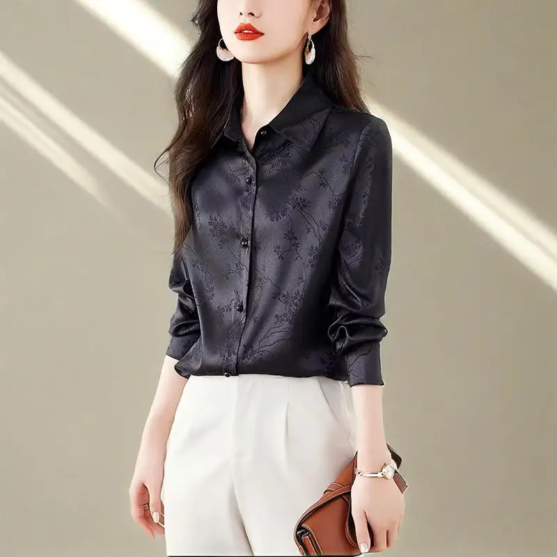 

2025 модные женские атласные рубашки, блузки, винтажные жаккардовые офисные женские блузки с длинными рукавами, топы, повседневная женская одежда
