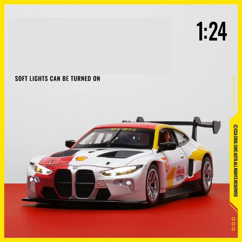 1:24 bmw m4 gt3 escudo audi r8 lms escudo liga modelo de carro som e luz puxar para trás brinquedo das crianças colecionáveis presente aniversário