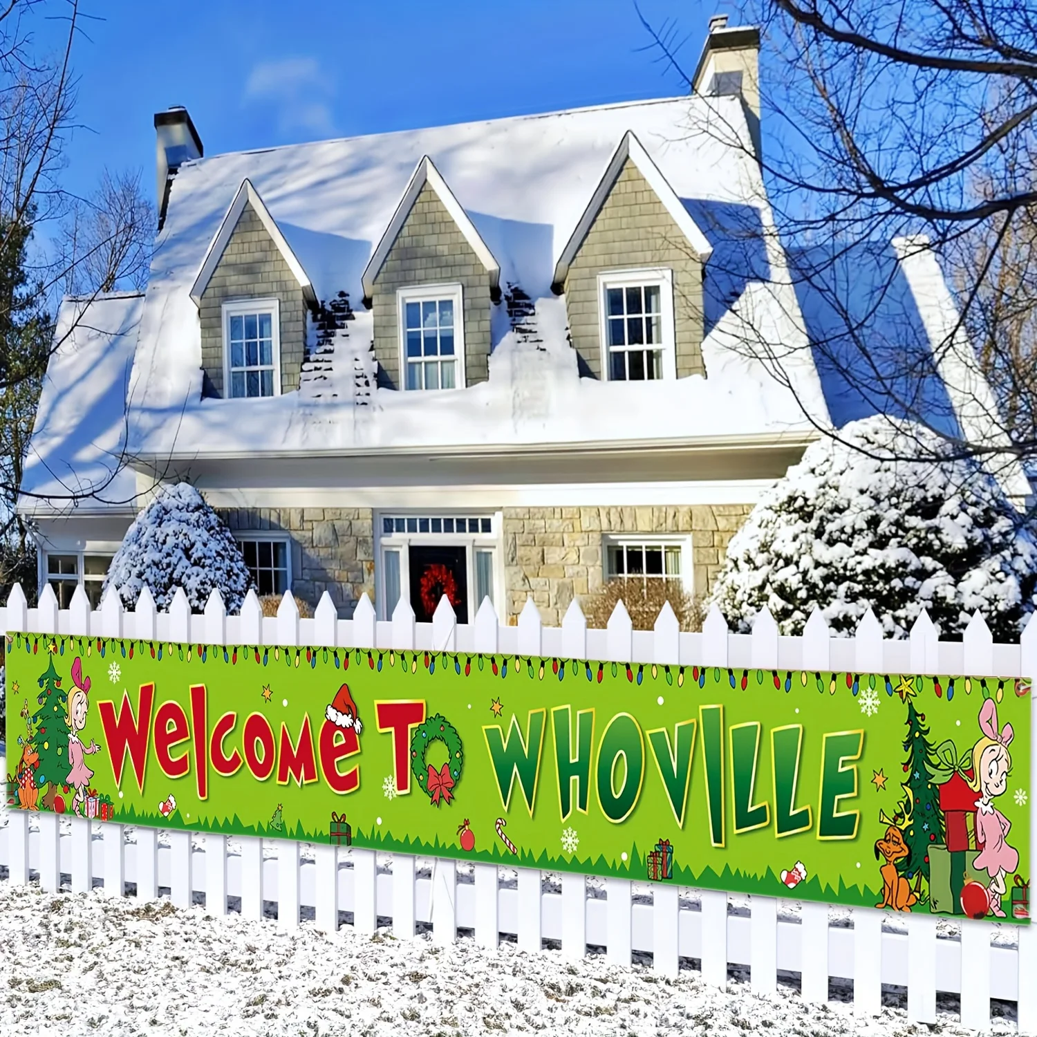 Welcome to Whoville Fence Banner Funny Christmas Winter Holiday Party Decor Christmas Yard Porch Sign Decoration Photo Booth Bac