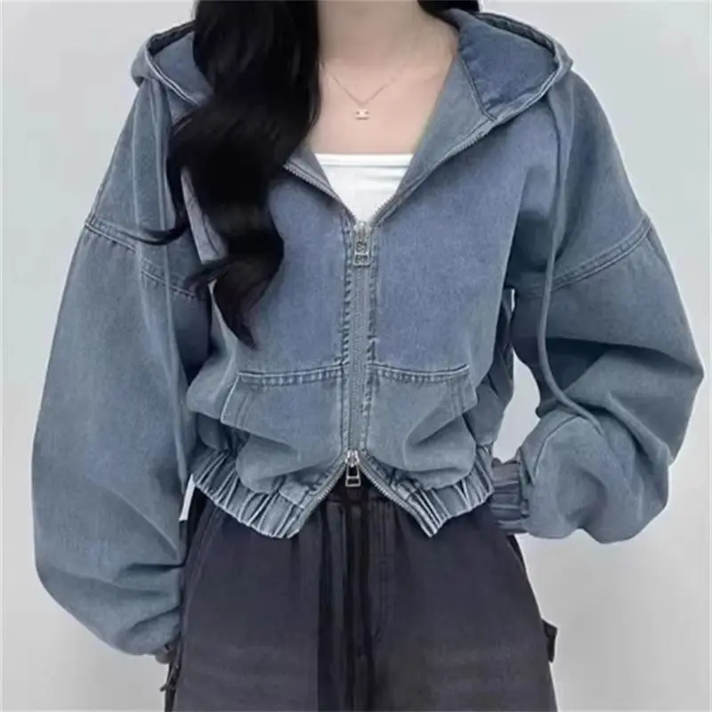 

2026 New Women's Denim Jacket Korean Chic Spring Autumn Hong Kong Style Double Zipper Loose Casual Hooded Denim Coat Top