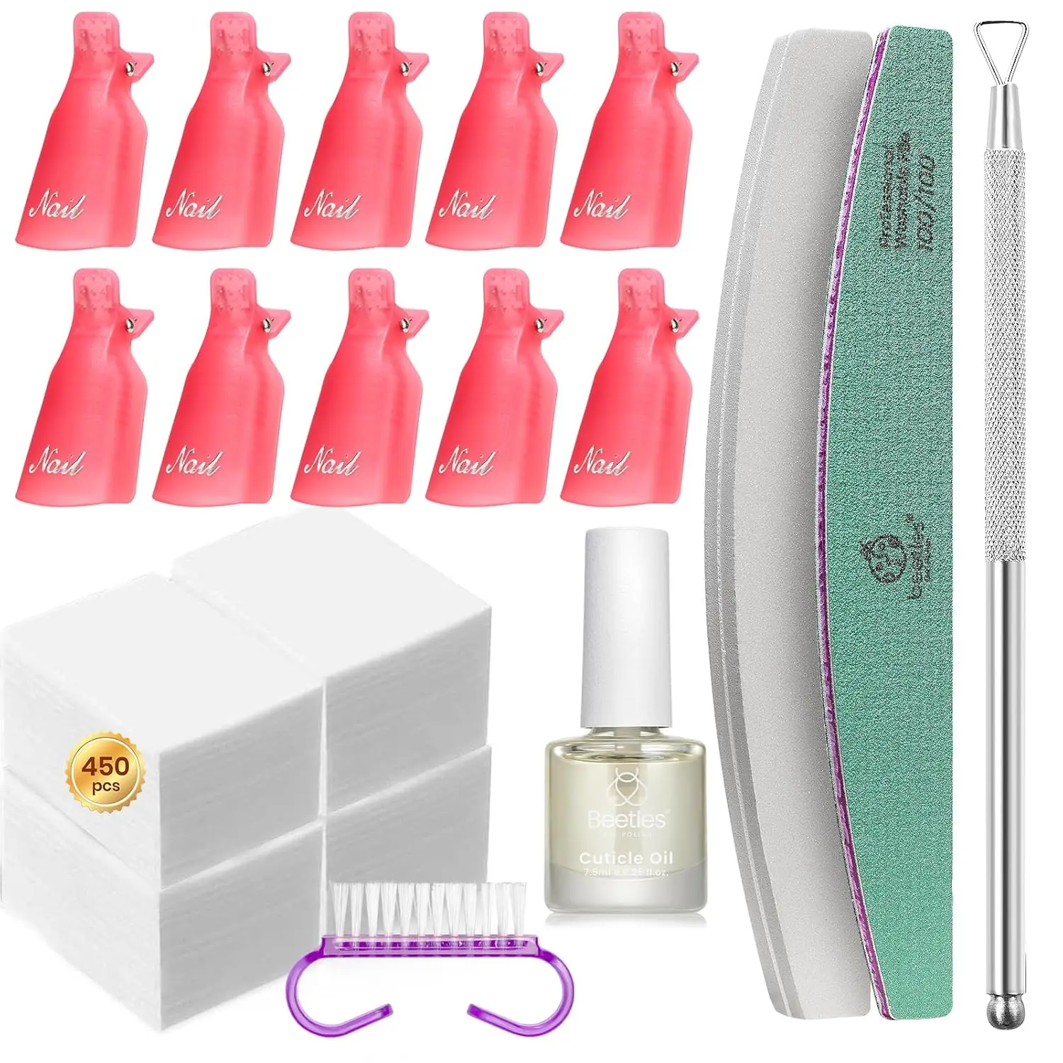 

Gel Polish Remover Kit: 450 Lint-Free Wipes, 10 Clips, Cuticle Oil, Pusher & File