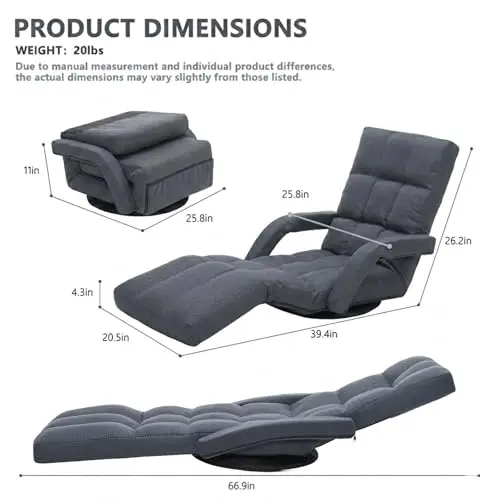 360° Swivel Floor Gaming Chair with Adjustable Footrest, 14-Position Folding Floor Lounger Sofa with Armrests