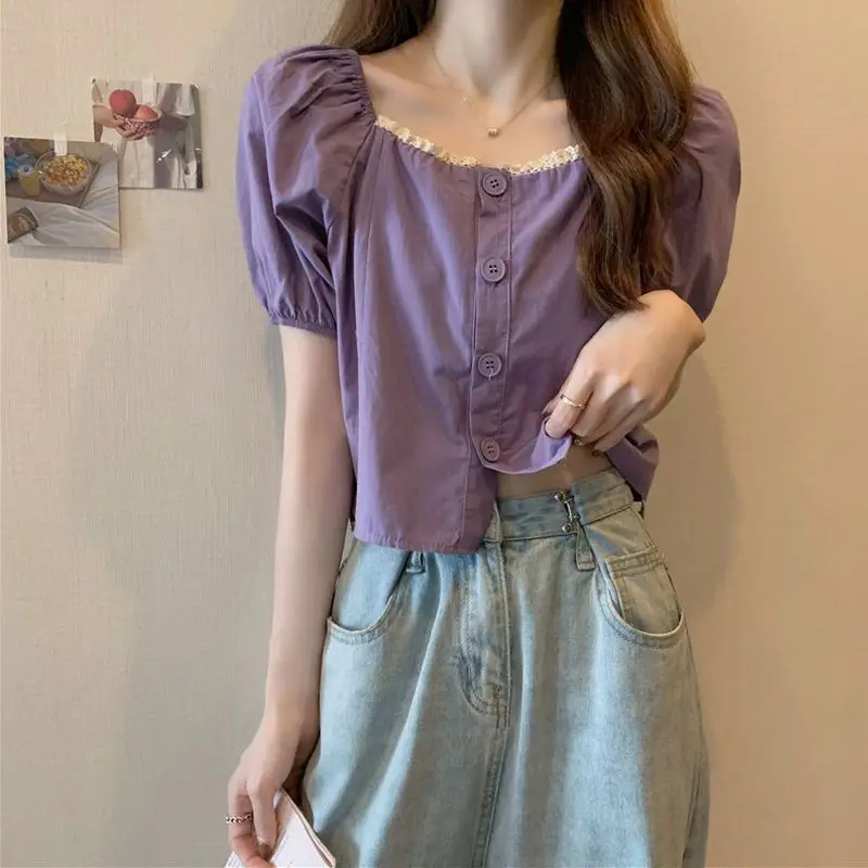 Summer New Purple Chic Short Top French Square Collar Shirt Fashionable Bubble Sleeve Chiffon Shirt