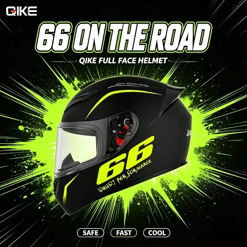 QIke ABS Material Printed with Cool Fluorescent 66 Patterns Equipped with An Aerodynamic Rear Spoiler Motorcycle Helmet