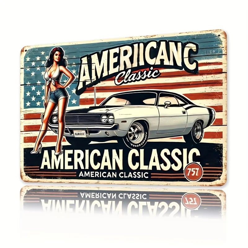  Retro American Classic Car Metal Sign - Vintage Style Tin Wall Decor with Car,Pin-Up Girl Design, Rustic Iron Art for H