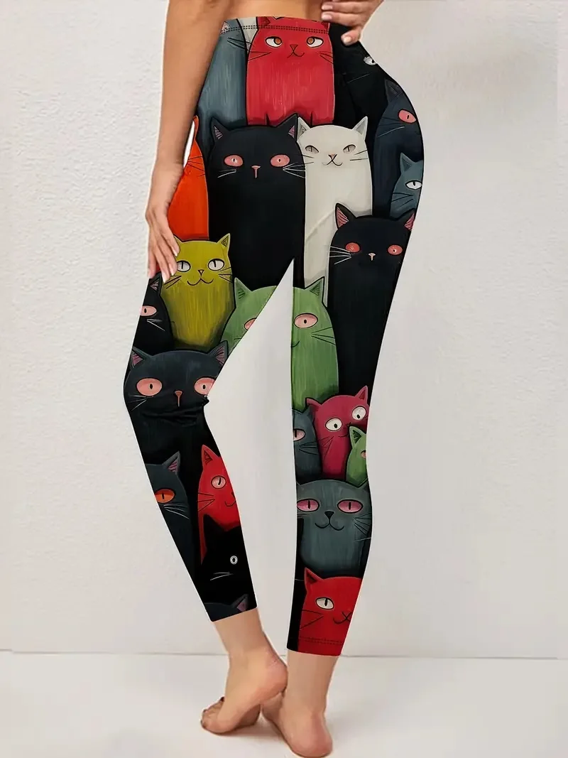 Cute crowded cat print casual stretch leggings for women