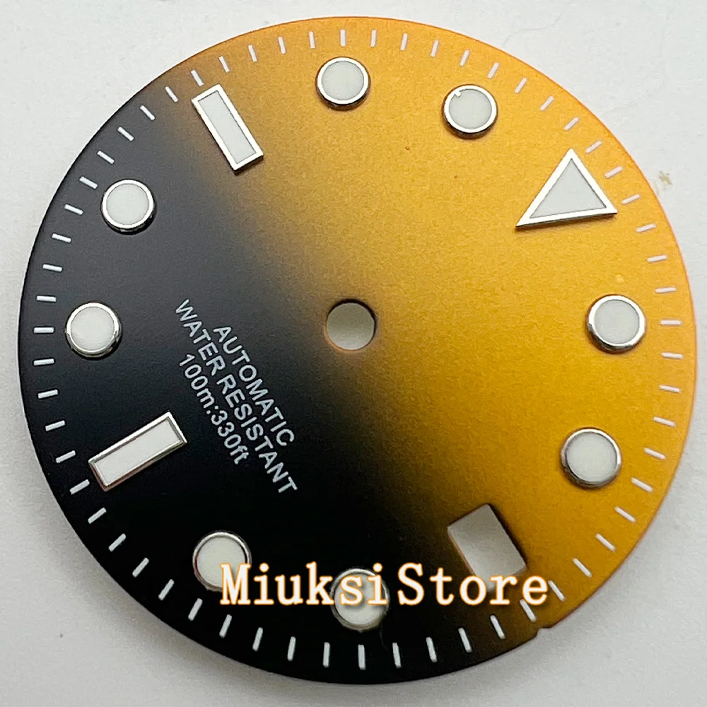 NH35 29mm Watch dial  Sterile Black Orange Green Yellow Watch Dial Green Luminous Fit NH35 Movement Fit 3 O'Clock Crown 3.8 O'Cl