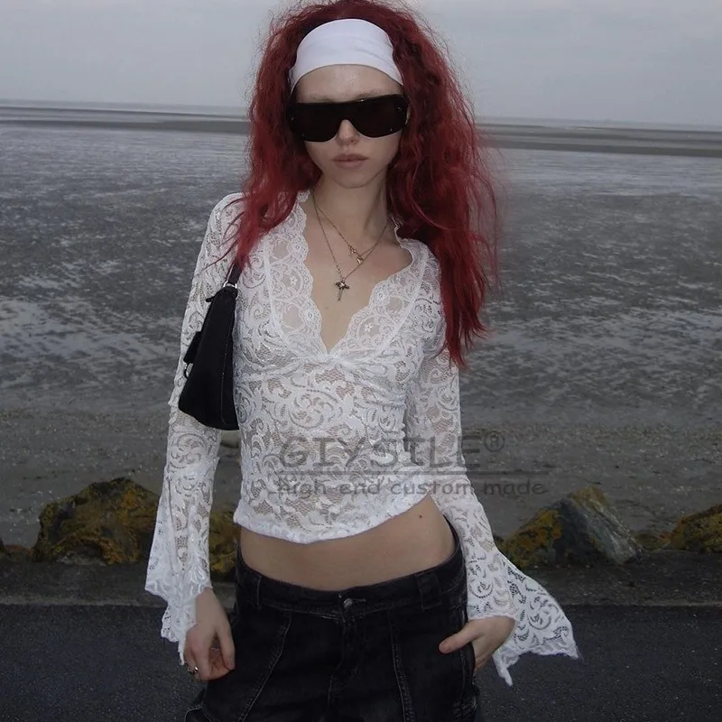 GIYSILE 2025 New Europe and America Ins Wind Hot Sexy Deep V Slim Joker Short Navel Lace Long Sleeve Spice Girl Wind Lace Top