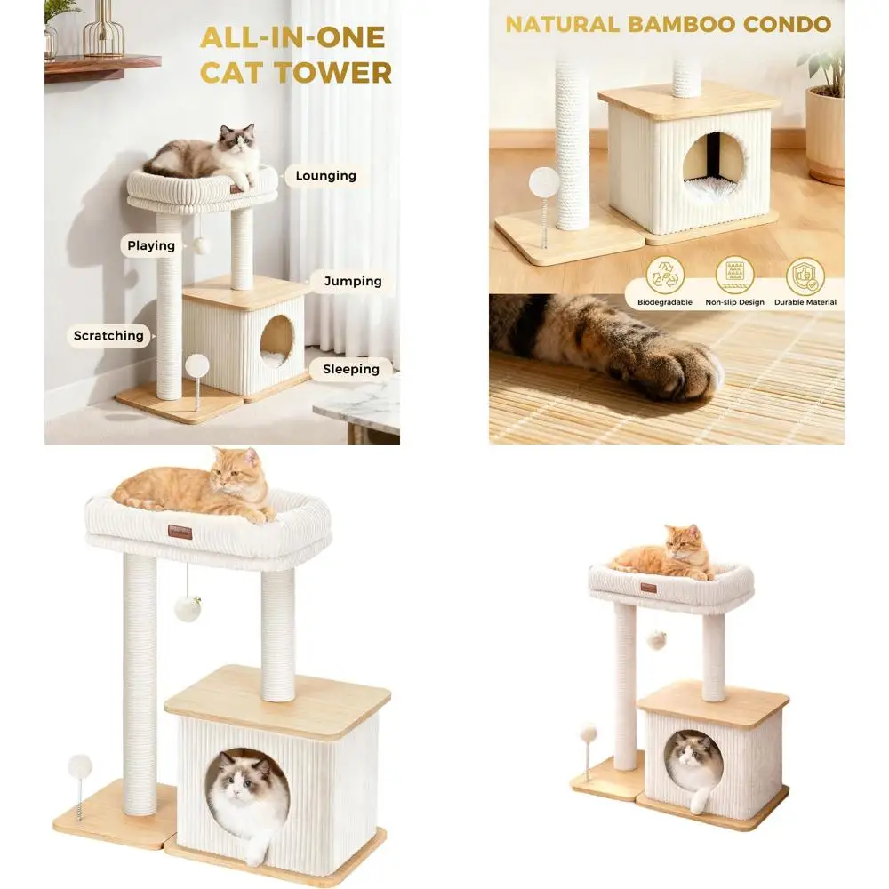 

Современное деревянное кошачье дерево с сизалевыми стойками, мягкими кроватими и уютными пространствами для домашних котят и кошек.