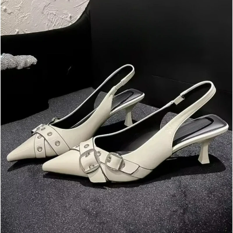 

Luxury Brand Designer Women Sandals Fashion Pointed Toe Buckle Strap Metal High Heeled Kitten Heel Elegant Single Shoes Female