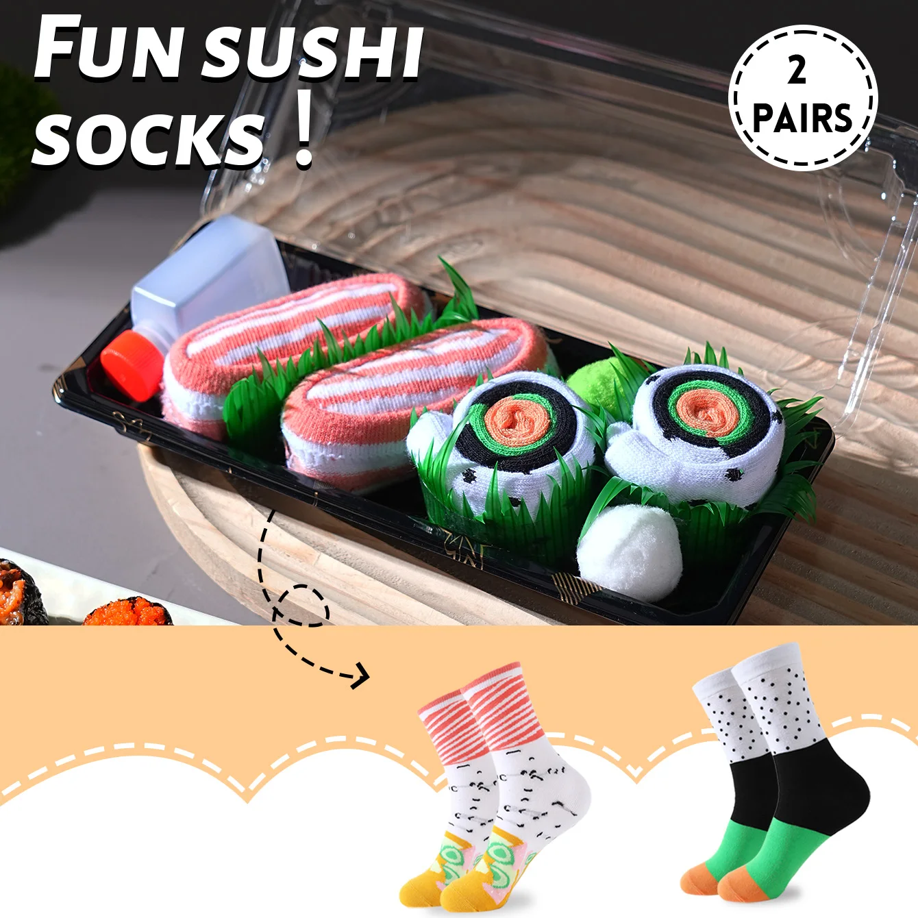 2 Pairs of Unisex Mid-Calf Socks, Novelty and Fun Salmon Sushi Gift Box Socks, Creative Socks, Fashionable and Trendy Style, Comfortable and Breathable, Suitable for Parties, Casual Wear, Valentine's Day, Halloween, Birthdays, Christmas, New Year, Thanksgiving, Autumn and Winter, All-Season Styles, Creative Gift Box