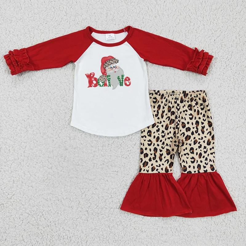 

Baby Girl Christmas Believe Santa Set Red Ruffle Long Sleeve Tunic Top Infant Leopard Bell Pants Kid Children Toddler New Outfit