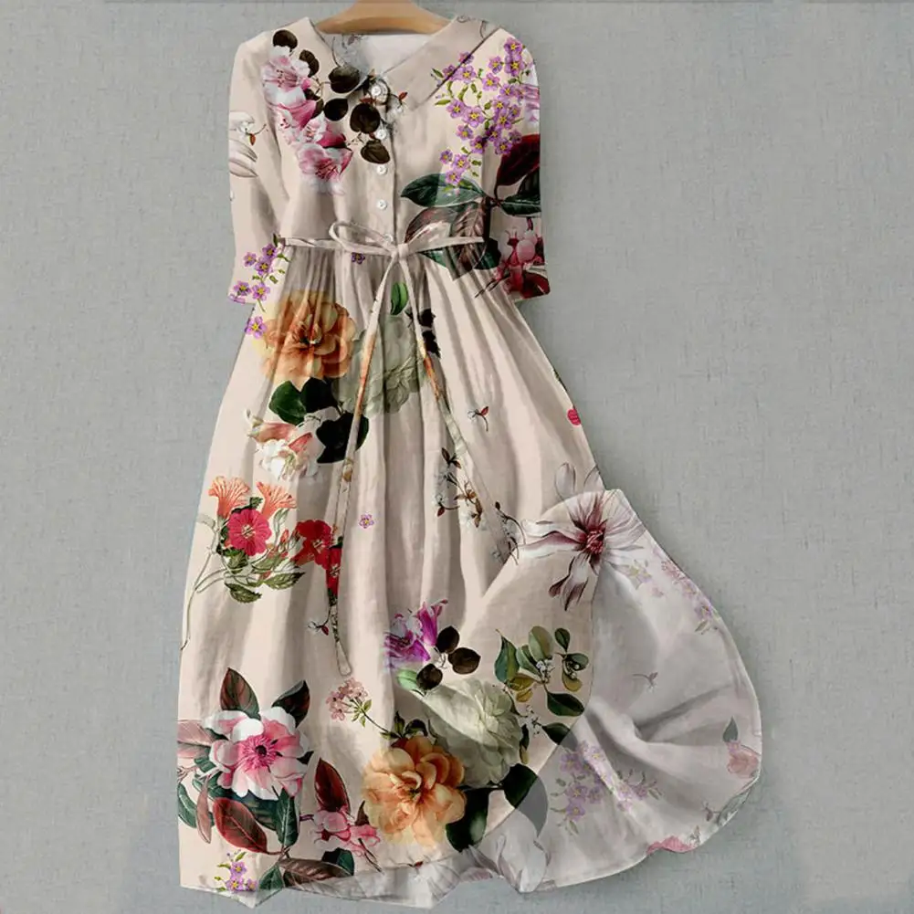 Women Casual Short Sleeve Floral Print Dress Vintage Floral A Line Maxi Dress Boho Single-breasted Pleated Dress Beach Dresses