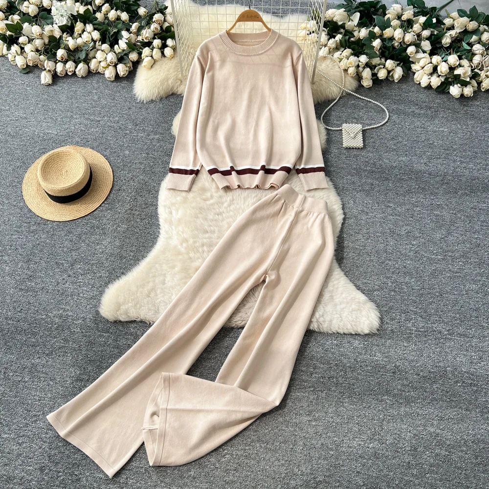 

Women Pant Set Two Piece Sets Knit Round Neck Full Sleeve Tops Wide Leg Long Pants Elastic Waist Y2k Streetwear Autumn Winter