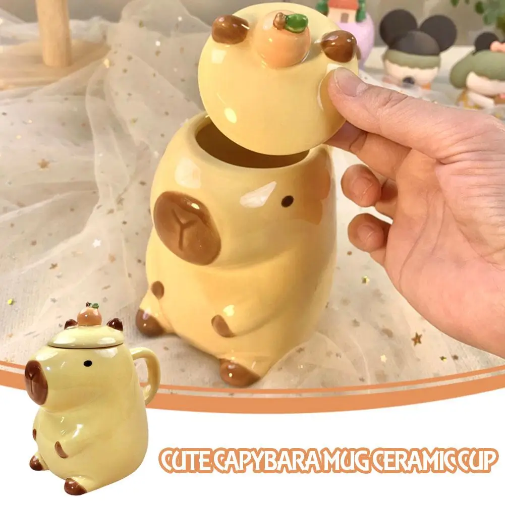 

Креативная керамическая чашка с мультяшным изображением капибара, милая чашка для воды для домашнего использования, стильная кружка с крышкой, для кофе, с большим молоком I9A6