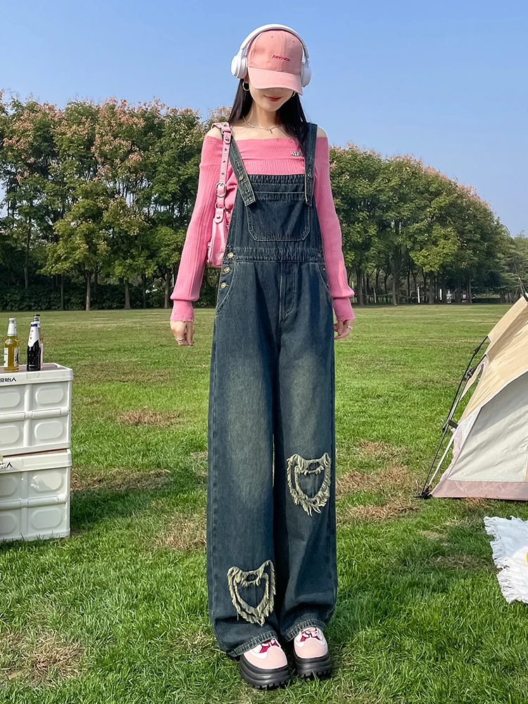 

Anti-Aging High Waist Wide Leg Denim Overalls Women's Spring Autumn Loose Casual Slimming One-Piece Pants Cotton Polyester Blend
