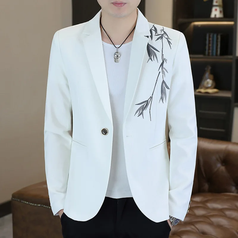 

2025 new men's autumn bamboo leaf print, casual, fashion trend blazer